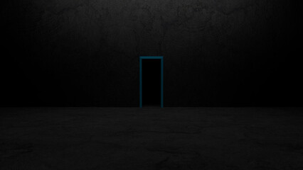 Open doorway with glowing blue frame stands out against a dark, textured wall in an empty, mysterious room, creating a dramatic contrast and sense of intrigue