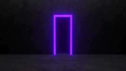 Vibrant purple neon door glows against a dark concrete wall, creating a mysterious and inviting atmosphere, hinting at an otherworldly passage or portal to the unknown