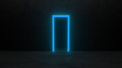 Glowing blue neon doorway casting vibrant light across a dark room with a concrete floor, creating an intriguing and futuristic atmosphere filled with mystery and possibility