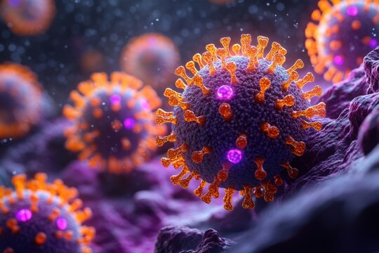 Mumps virus particles in 3D form showing spherical surface and protein spikes with copy space. 