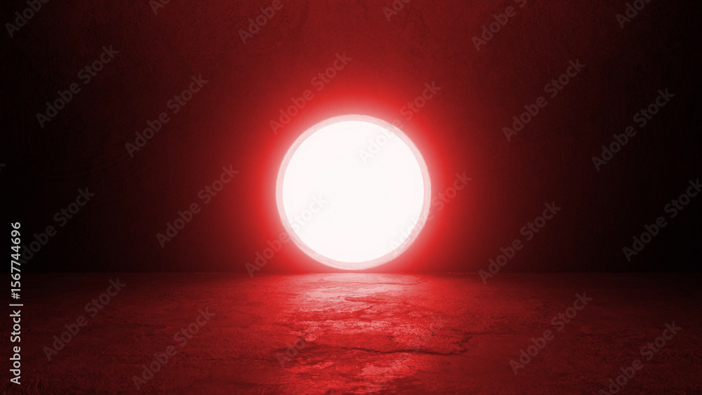 Poster glowing red light illuminating a dark, grungy room with a concrete floor, enhancing the dramatic and