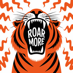 Stylized illustration of a roaring tiger with the words roar more prominently displayed inside its open mouth against a white background with orange wavy lines
