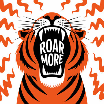 Stylized illustration of a roaring tiger with the words roar more prominently displayed inside its open mouth against a white background with orange wavy lines