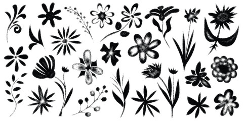 Fototapeta premium Hand outline drawing floral, flowers and leaves, noisy texture, pointillism, vector design