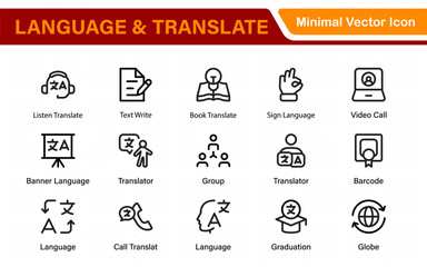 Language web icon set in line style. Language translation, linguistics, speaking, dictionary, listening skills, writing, translate, collection.