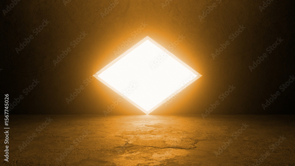 Poster glowing diamond shaped light source illuminating an empty, grunge concrete room, creating a captivat