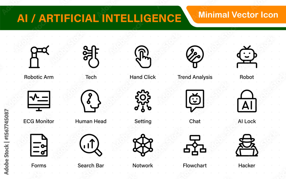 Poster set of ai artificial intelligence icon set vector collection. ai essentials line icon collection, ar