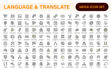Language web icon set in line style. Language translation, linguistics, speaking, dictionary, listening skills, writing, translate, collection.