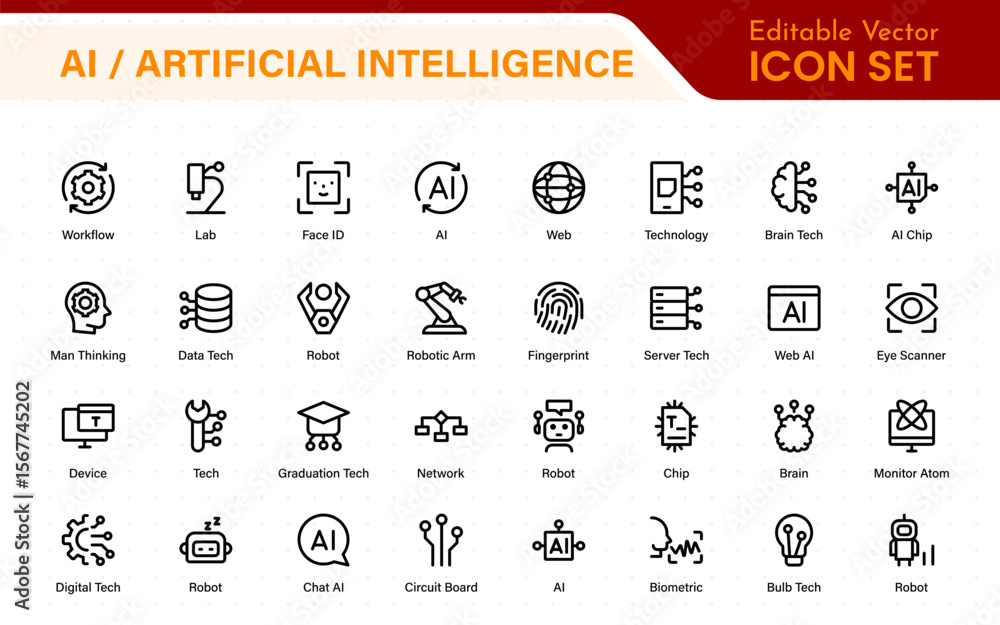 Poster set of ai artificial intelligence icon set vector collection. ai essentials line icon collection, ar