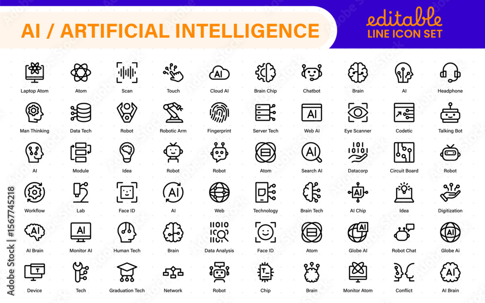 Poster set of ai artificial intelligence icon set vector collection. ai essentials line icon collection, ar