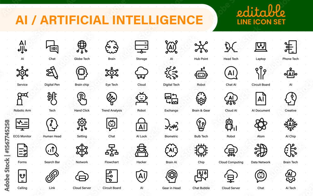 Poster set of ai artificial intelligence icon set vector collection. ai essentials line icon collection, ar