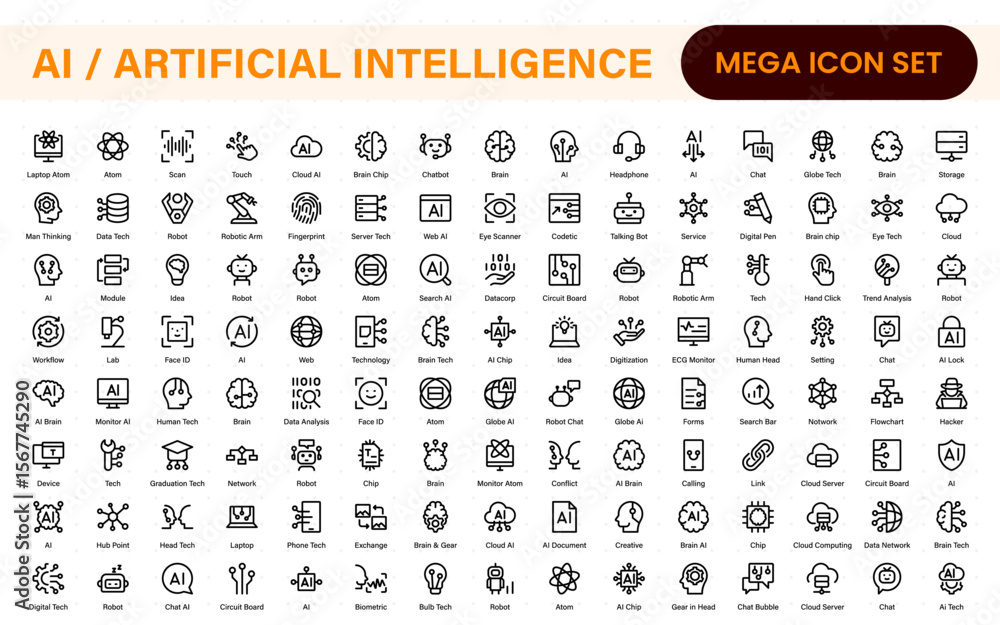 Poster set of ai artificial intelligence icon set vector collection. ai essentials line icon collection, ar