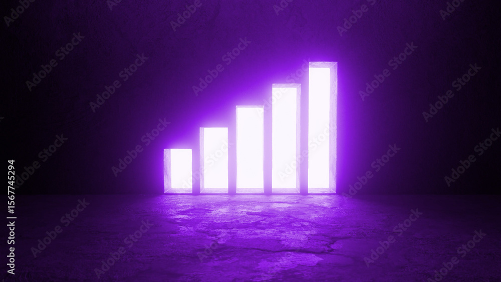 Poster glowing purple bar chart illuminating a dark room. representing increasing performance. financial gr
