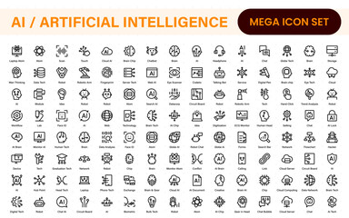 Set of Ai artificial intelligence icon set vector collection. AI Essentials line Icon collection, artificial intelligence icon set in line style, machine learning, smart robotic Free Vector