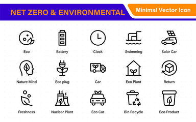 Set of sustainability and Net Zero, environmental, ecological, recyling, green, organic, industry thin line icons. Linear ecology simple symbol collection.