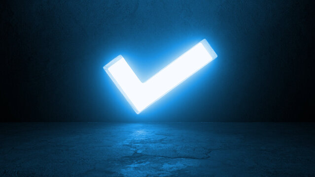 Large, glowing blue check mark illuminates a dark, textured concrete floor, creating a dramatic and symbolic image of verification, approval, or completion