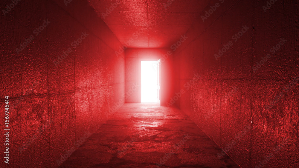 Poster light streaming from an open door brightens the end of a mysterious red corridor, enhancing the dram