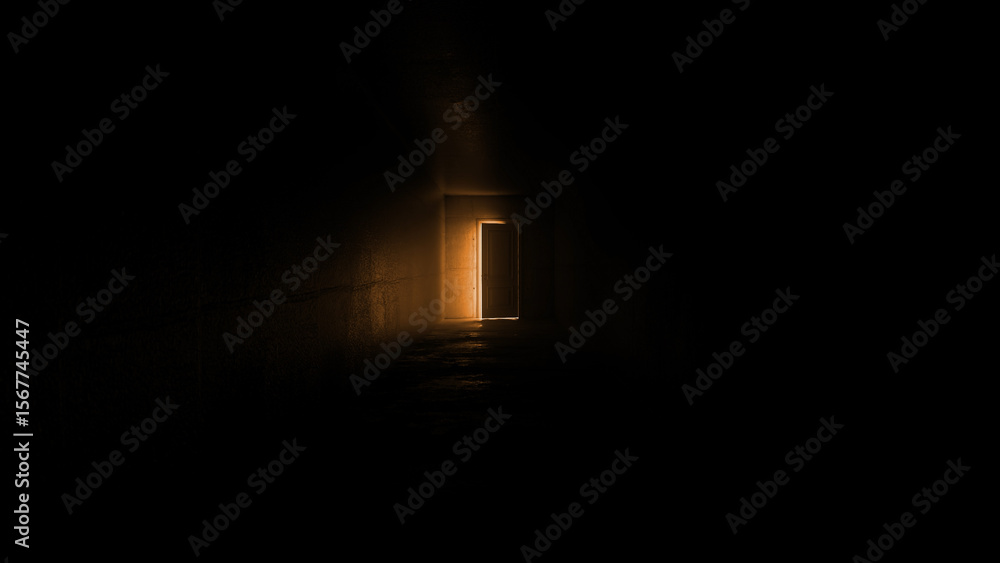 Poster light coming in through an open door at the end of a dark corridor illuminates the damp floor and wa