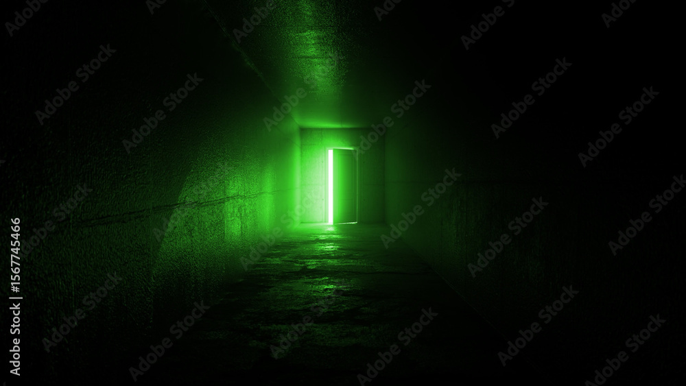 Poster bright green light illuminating a dark corridor from an open door at the end, creating a mysterious 