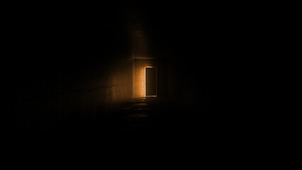 Fototapeta premium Light coming in through an open door at the end of a dark corridor illuminates the damp floor and walls, creating a mysterious and hopeful atmosphere