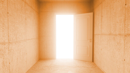 Open door illuminating a dark orange room with bright light, representing new opportunities, hope, and a pathway leading to a brighter future filled with potential and discovery