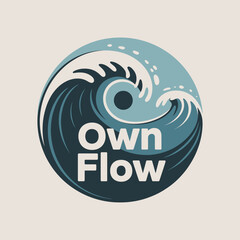 Stylized yin yang symbol formed by crashing ocean waves and the words own flow in white text against a neutral background