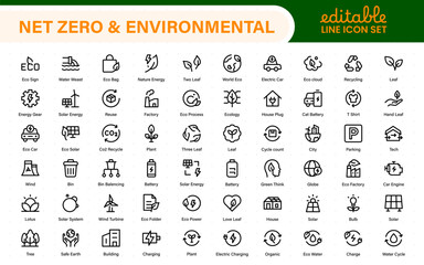 Set of sustainability and Net Zero, environmental, ecological, recyling, green, organic, industry thin line icons. Linear ecology simple symbol collection.