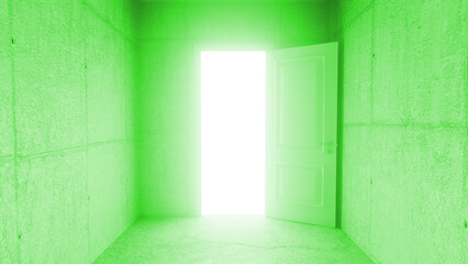 Open door is illuminating a green concrete room with bright light, creating a mysterious and surreal atmosphere, symbolizing new opportunities and hope
