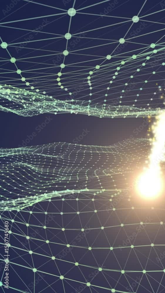 Poster animation of digital fireworks moving over dots interconnecting with lines and forming triangles