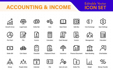 Set of line icons related to accounting, audit, and taxes. Outline icon collection. Business symbols.Income set. Containing money, tax, earnings, payment, paycheck, work, pension, and wages icons.