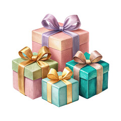 Obraz premium Gift boxes, elegant, white and gold, ribbons, bows, festive, celebration, 3D rendering, confetti, shiny, luxurious