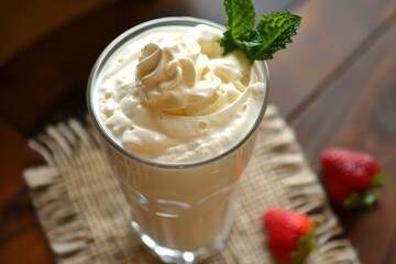 Glass of milkshake topped with whipped cream, mint, and fresh strawberries on rustic wooden table