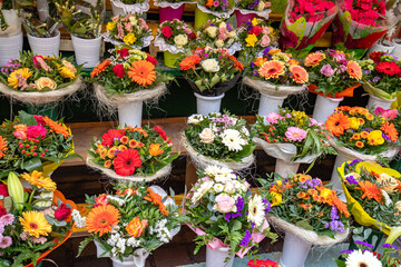 A vibrant display of numerous colorful flower bouquets, primarily featuring gerbera daisies and roses, arranged for sale at a florist or market.