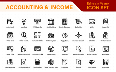 Set of line icons related to accounting, audit, and taxes. Outline icon collection. Business symbols.Income set. Containing money, tax, earnings, payment, paycheck, work, pension, and wages icons.