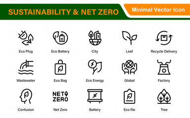 Set of sustainability and Net Zero, environmental, ecological, recyling, green, organic, industry thin line icons. Linear ecology simple symbol collection.