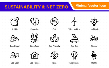 Set of sustainability and Net Zero, environmental, ecological, recyling, green, organic, industry thin line icons. Linear ecology simple symbol collection.