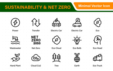 Set of sustainability and Net Zero, environmental, ecological, recyling, green, organic, industry thin line icons. Linear ecology simple symbol collection.