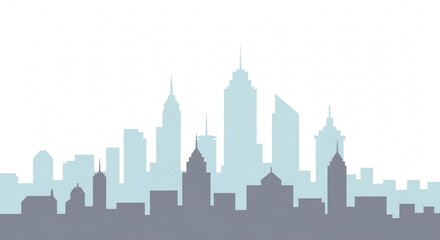 Naklejka premium Cityscape Skyline Featuring Blue And Gray Skyscraper Silhouettes On A White Background