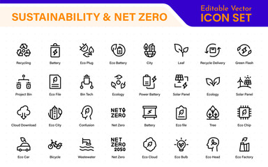 Set of sustainability and Net Zero, environmental, ecological, recyling, green, organic, industry thin line icons. Linear ecology simple symbol collection.