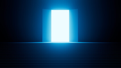 Open door revealing bright light pouring through at the top of a stairway in a dark room, symbolizing hope, opportunity, and the promise of new beginnings and adventures