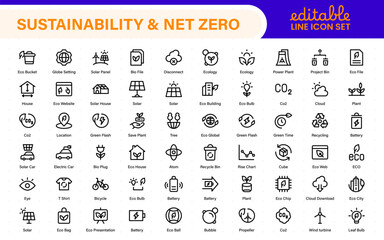 Set of sustainability and Net Zero, environmental, ecological, recyling, green, organic, industry thin line icons. Linear ecology simple symbol collection.