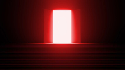Open door at the top of a staircase with a bright white light shining through it, creating a red glow in a dark room, symbolizing hope, opportunity, and new beginnings