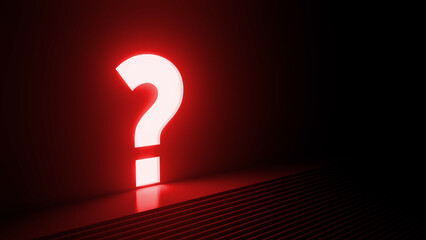 Large, glowing red question mark stands in a dark room, illuminating the space with an eerie light, creating a mysterious and intriguing atmosphere