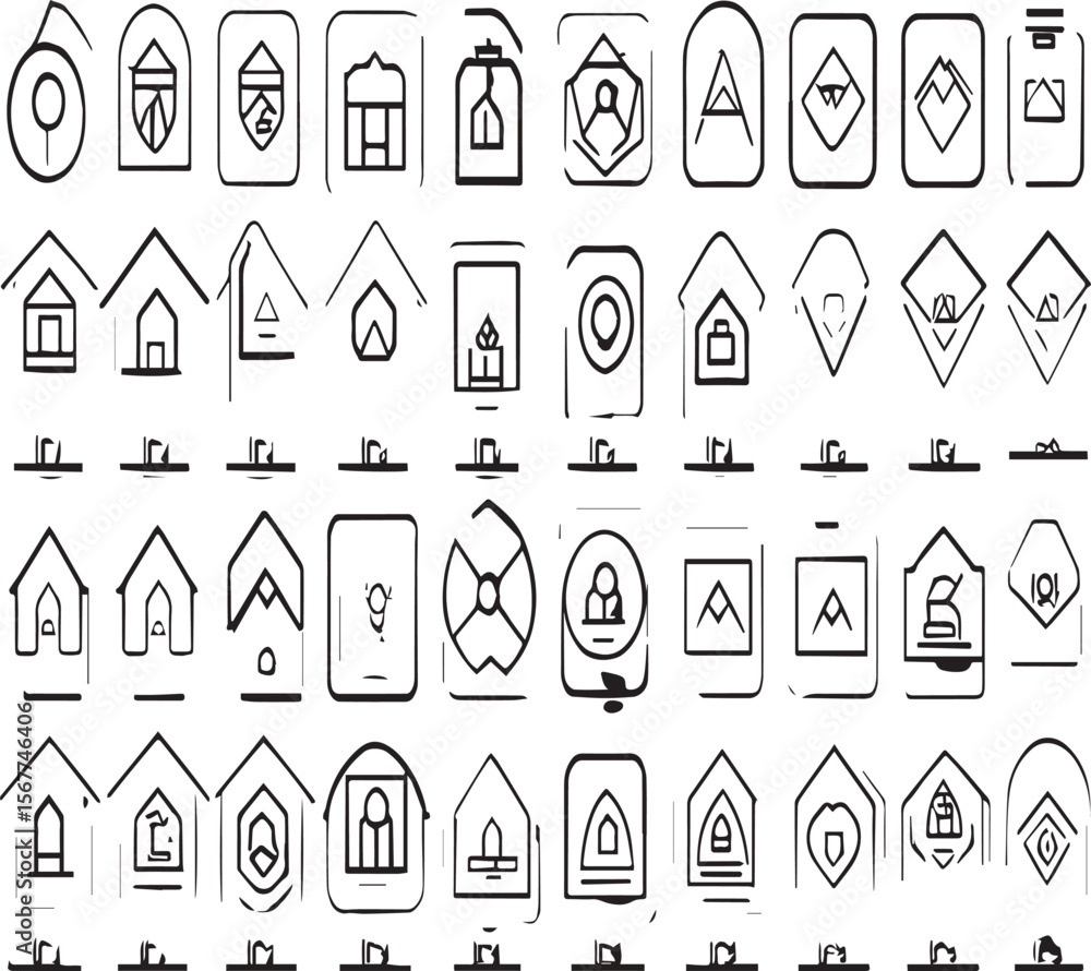 Poster array of minimalist icons depicting houses and abstract designs on a white background surface