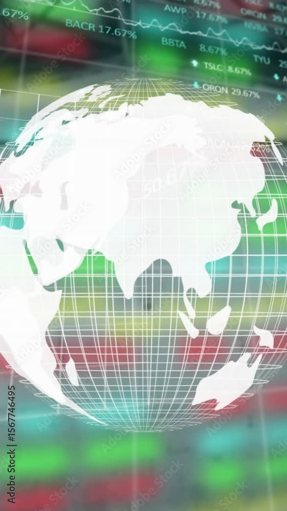 Poster animation of financial graphs and globe over empty hall