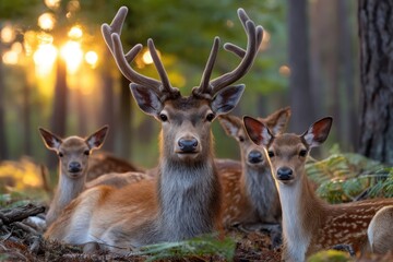 Deer resting in a forest during sunset with warm light illuminating the surroundings