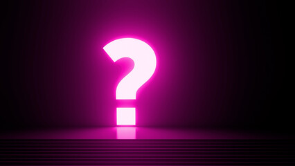 Glowing pink neon question mark lighting up a dark room with stairs, enhancing a mysterious and intriguing atmosphere that sparks curiosity and invites exploration of the unknown