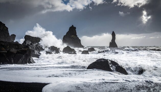 Dramatic black sand beach scene with powerful waves crashing against basalt rock formations.