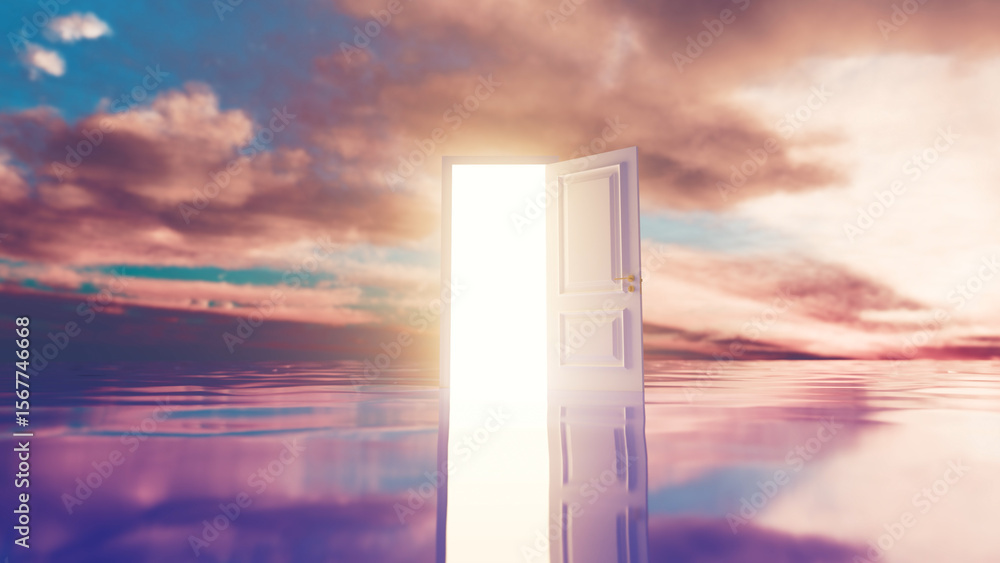 Poster surreal image depicting an open white door floating on calm water reflecting a colorful sky with glo