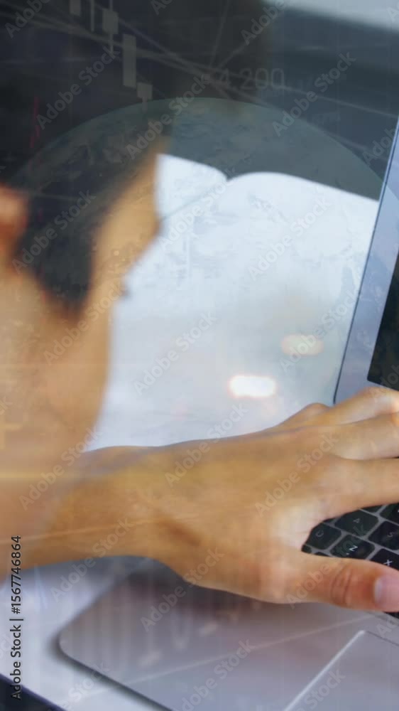 Poster animation of globe and chart over student using laptop and cellphone in classroom